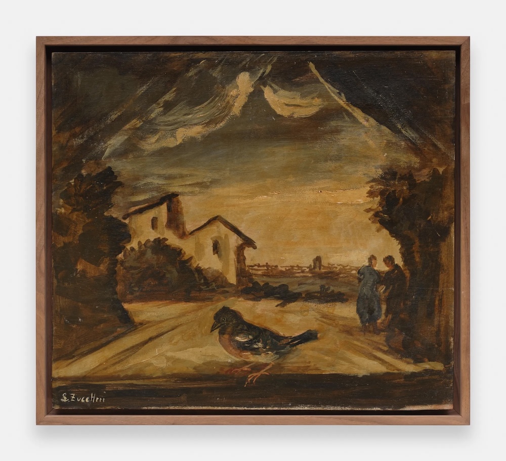 Luigi Zuccheri &lsquo;Paesaggio con ghiandaia e figure umane&rsquo; (1955/65)